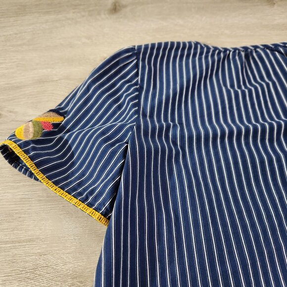 Madewell Navy Embroidered Floral Stripe Short Sleeve Boho Blouse Womens XSS - Picture 12 of 16